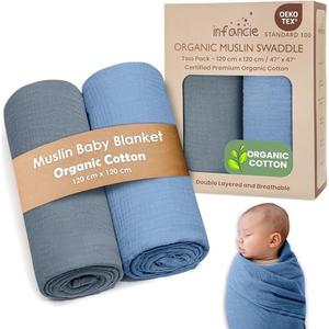 Organic Cotton Muslin Baby Blanket - Breathable Swaddle, Hypoallergenic Double-Layer, Versatile Use (Slate/Aquarius, 20x27 Inch)