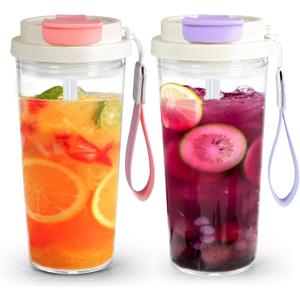 2Pack Plastic Coffee Tumbler 20oz, Acrylic Tumbler with Lid and Straw, Reusable Plastic Cup Iced Coffee Cup for Travel Home Cycling Driving Working, Pink&Purple