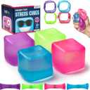 4 Pack Stress Cubes Squishy Blocks for All Ages, +8 Bonus Items, Soft Non-Sticky Feel Squish Nice Cube Squeeze Ball Satisfying Sensory Fun Fidgets with Thick Substance Filling Squishable Ice Cube Toys