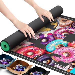 Lwoeo Jigsaw Puzzle Mat Roll Up, No Creases 49.2 x 35 Rubber Saver Pad Up to 3000 Pieces, Black Large Puzzel Matte Rollup with 6 Sorting Trays & 1 Storage Bag. Ideal for Holiday and Birthday (Puzzle Mat Rubber 3000 Pieces)