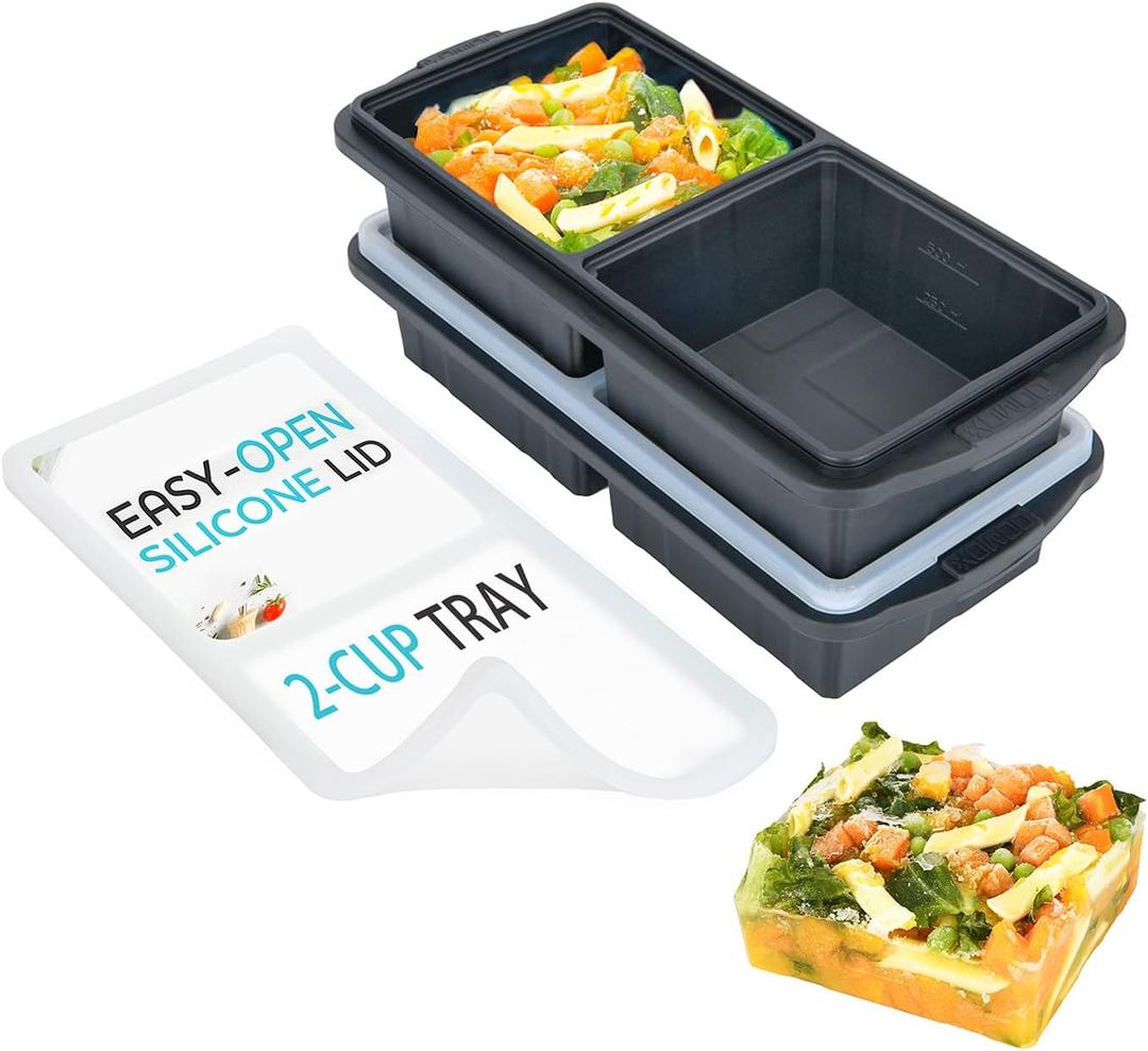 XOMOO Silicone Freezer Tray With Lid-Soup Freezer Container molds-2-cup Extra Large Ice Cube Tray-makes 4 perfect 500ml portions cubes, For freezing soup,stews,sauces.Oven&Dishwasher-Safe(2-Pack) (Gray)