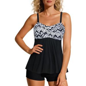 Century Star 2025 Two Piece Womens Tankini Swimsuits Modest Tankini Bathing Suit Tops with Shorts Tummy Control Swimwear (10-12,  A Black-white Geometry)