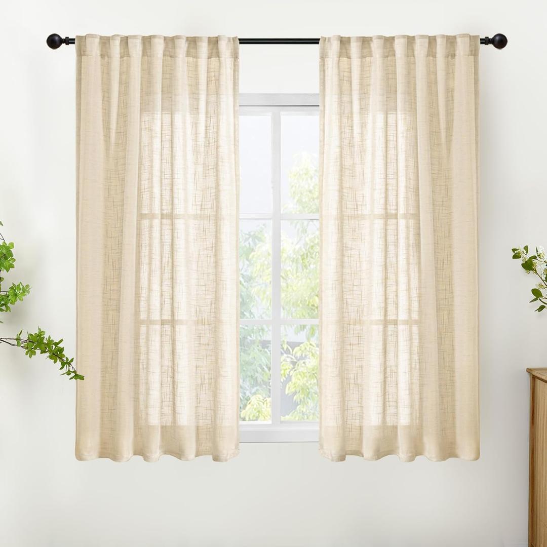 YoungsTex Burlap Natural Linen Curtains 45 Inch Length, Short Drapes Textured Semi Sheer with Rod Pocket Back Tab Lightweight for Living Room Window, 2 Panels, 42 X 45 Inch