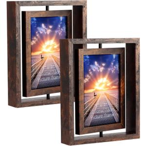 EXYGLO 2 Pack 5x7 Rustic Rotating Floating Picture Frames, Photo Frames for Vertical or Horizontal Tabletop Display, Brown