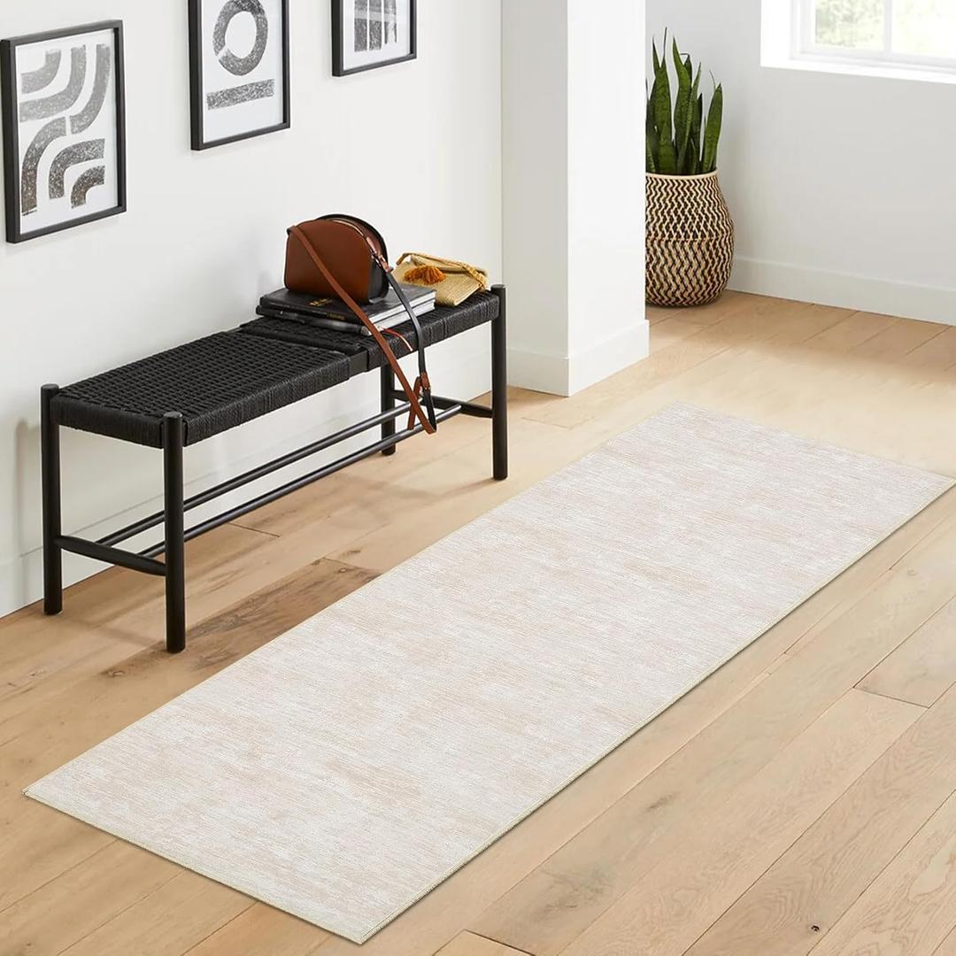 RUGSREAL Modern Runner Rug 2.5x8 Stain Resistant Washable Kitchen Runner Carpet ith Rubber Backing Low Pile Contemporary Solid Color Entryway Mat Ultra Soft Rug for Living Room Bedroom, Beige