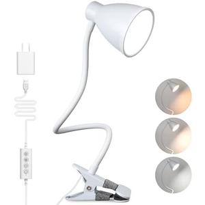 BOHON Clamp Lamp Reading Light 5 Color Modes 10 Brightness Dimmer Bedside Lamp 10W 38 LED Desk Lamp with Auto Off Timer 360° Flexible Gooseneck Clip on Light for Bed Office, Adapter Include, White