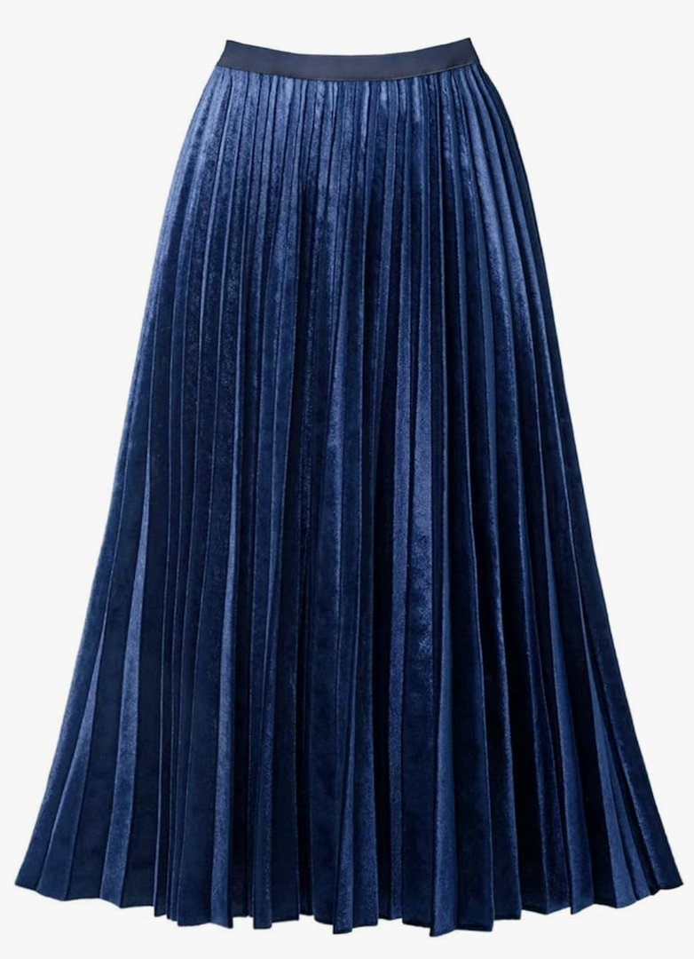 GOOBGS Women's Pleated A-Line High Waist Swing Flare Midi Skirt M