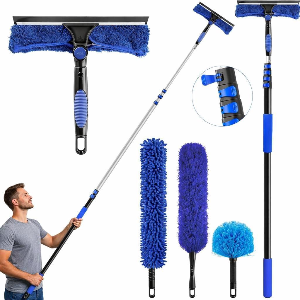 wlich 26ft High Reach Duster Kit, Aluminum 5-20ft Fan & Window Cleaner Set, Versatile Dusting Set with 5 Replaceable Heads for Cleaning Fans, Windows, and Hard-to-Reach Areas Outdoors Without Ladder