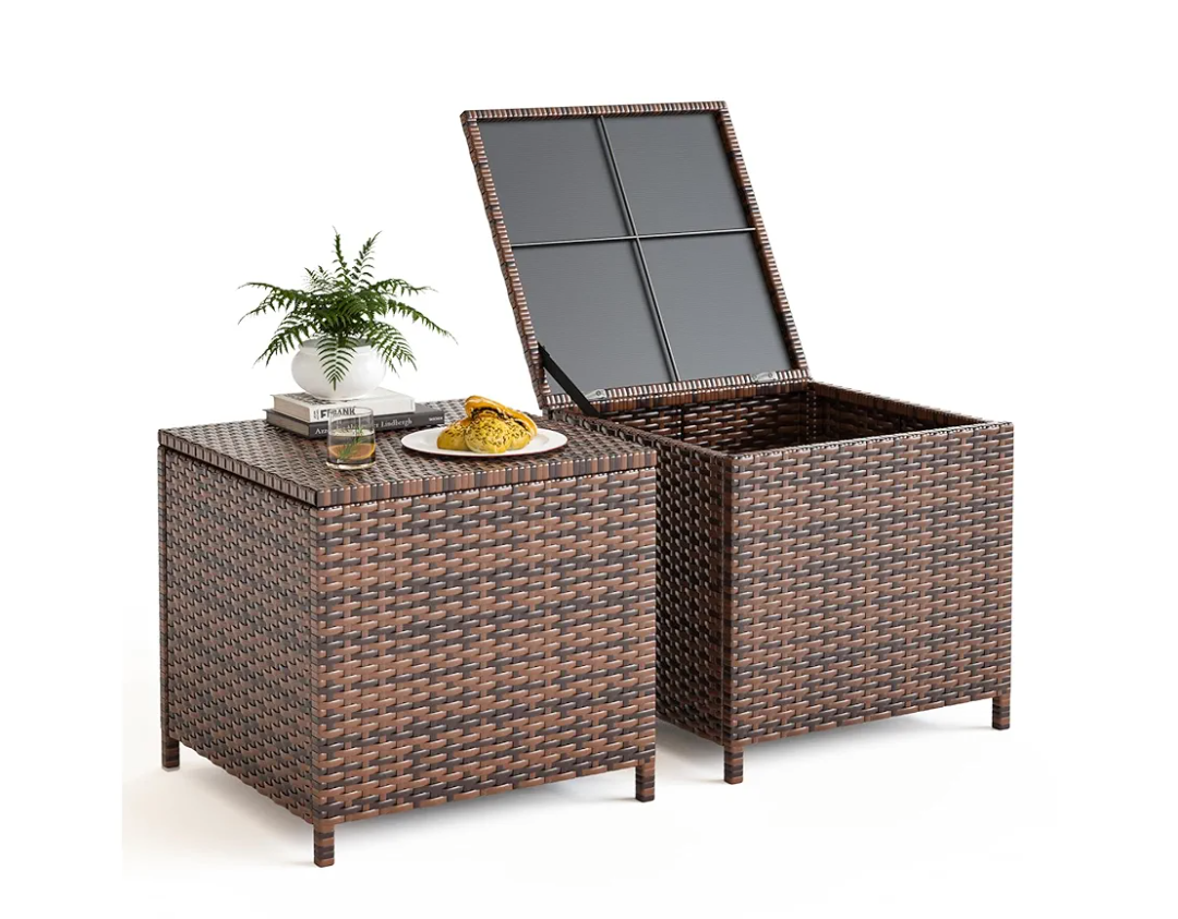 UDPATIO Outdoor Wicker Side Table with Storage Set of 2 Patio Rattan End Table Small Resin Square Container Coffee Table Backyard Pool for Furniture Covers, Toys and Gardening Tools (Brown)Amazon's Choice