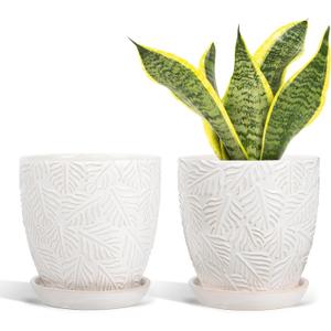 6 Inch Ceramic Plant Pots, Indoor Plant Pots with Drainage Hole & Saucer, Flower Pots, Unique Crackle Glaze Design, White Glaze - Set of 2