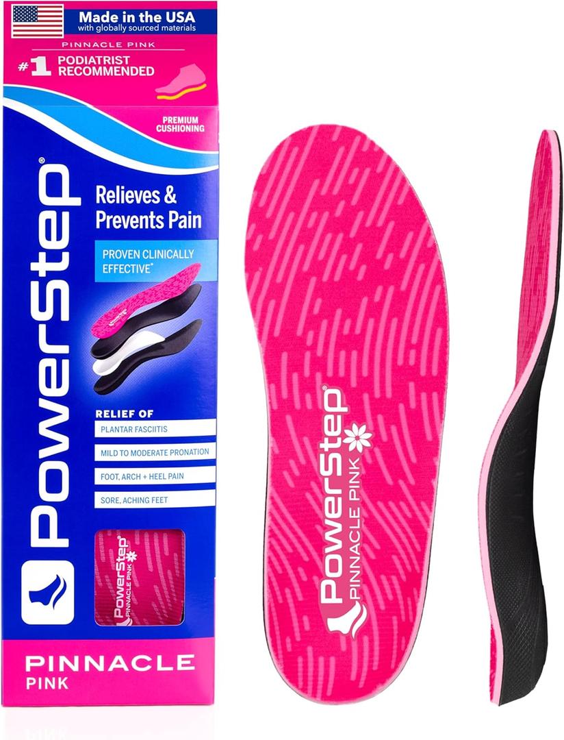 PowerStep Pinnacle Pink Orthotics for Women - Arch Support Inserts for Plantar Fasciitis Relief- Made in USA- Maximum Cushioning Arch Support, Deep Heel Cup for Pronation