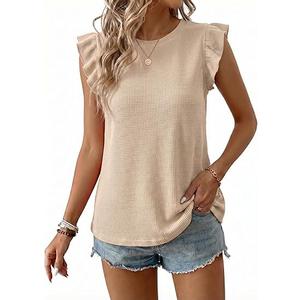 BLENCOT Women's Tops Summer Crewneck Ruffle Casual Spring Sleeveless Waffle Cute Shirt Flowy 2026 Fashion Camisole Beige L