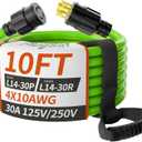 PlugSaf 10FT 30 Amp Generator Extension Cord 4 Prong, NEMA L14-30P/L14-30R 10 Gauge STW 125/250V Twist Lock Generator Cord Heavy Duty, Green ETL Listed