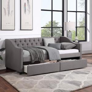 Twin Size Upholstered Daybed with Storage Drawers, Linen Fabric SofaBedframe w/Wood Slat Support for Bedroom Guest Room, No Box Spring Needed, Gray