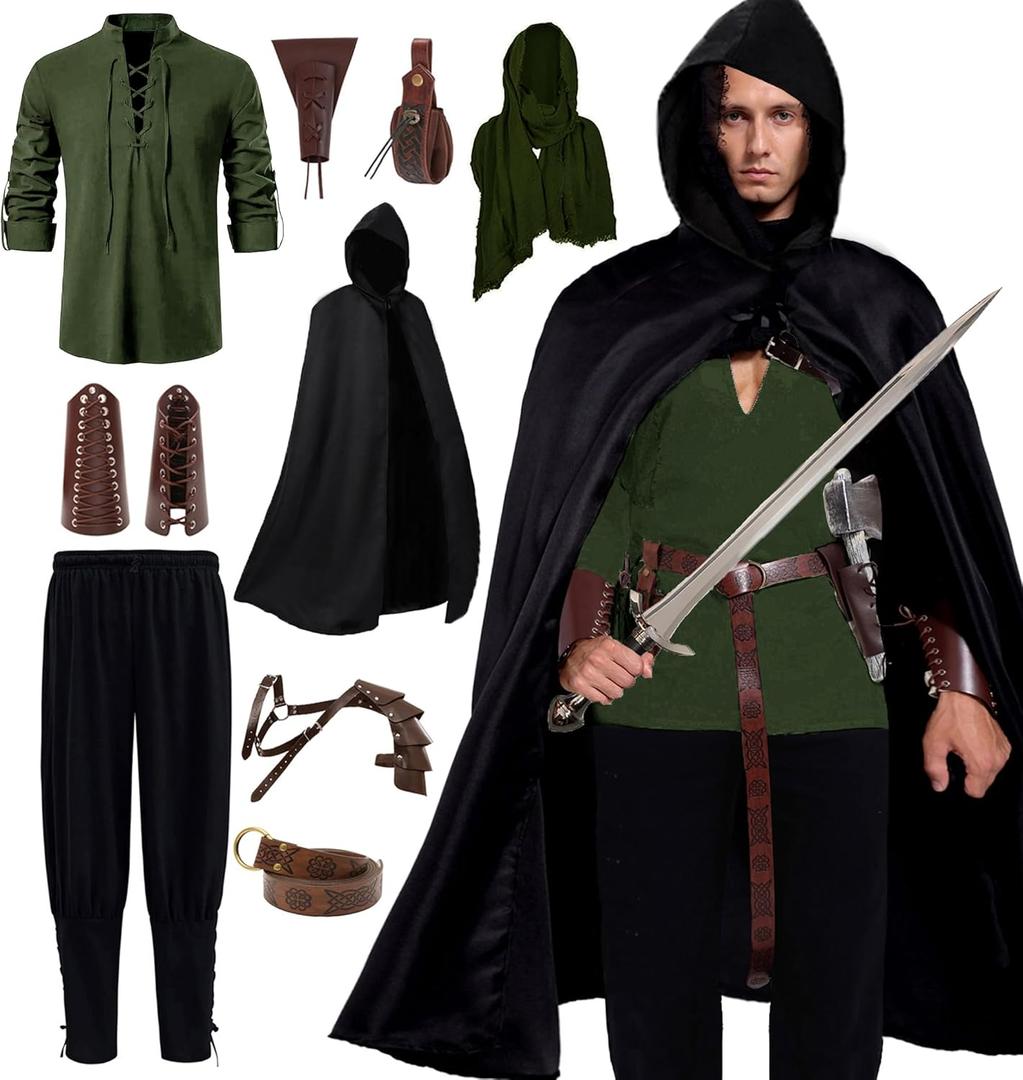 Akokvlar 10 Pcs Men Renaissance Costume Medieval Pirate Shirt Ankle Banded Pants Viking Outfit Set (Medium, Amy Green)