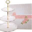 BonNoces 3-Tier Porcelain Embossed Cupcake Stand - Pure White Rimmed with Gold Dessert Cake Stand - Pastry Serving Tray Platter for Tea Party, Wedding and Birthday