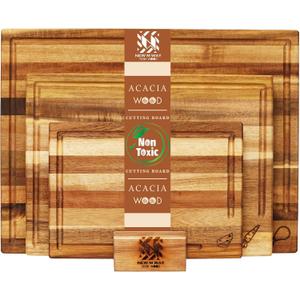 Acacia Wood Cutting Board Set of 3 with Stand, Thick Butcher Block Boards w/Deep Juice Grooves for Meat Prep & Serving, Premium Solid Hardwood, Non-Toxic, BPA-Free by New M Way