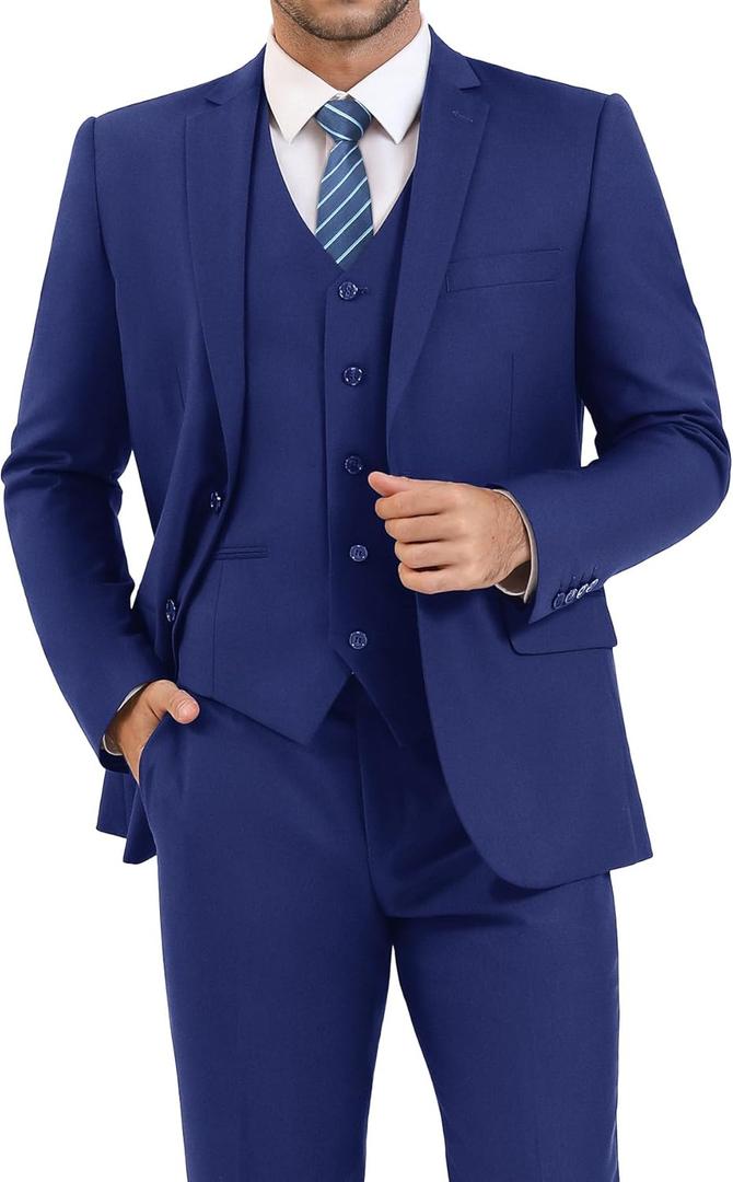 LUPURTY 3 Piece Suits for Men Slim Fit Men's Suit for Business Wedding Party 2 Button Blazer Tuxedo Set Jacket Vest Pants (Large, Navy Blue)