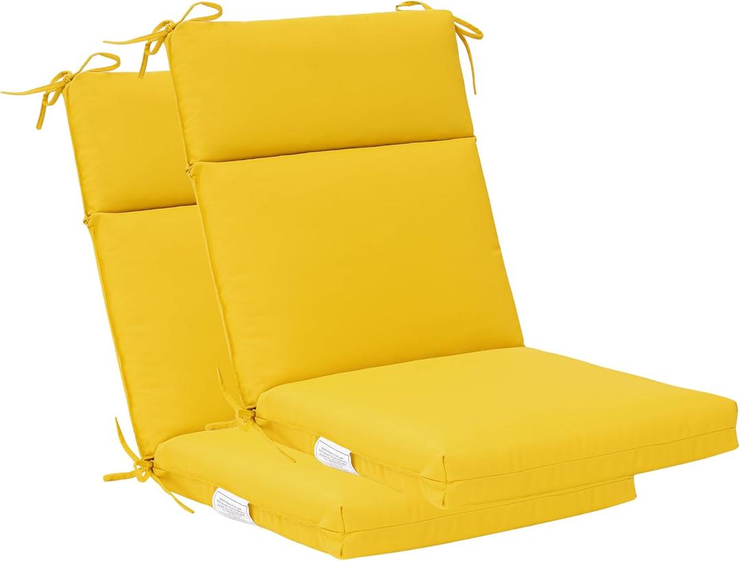 QILLOWAY Outdoor/Indoor High Back Chair Cushion,Replacement Deep Seat Cushions,All Weather Water Resistant/Fade Resistant Seat Pads with Ties,1 Count,Yellow (Foam High Back Chair Cushion-2counts)
