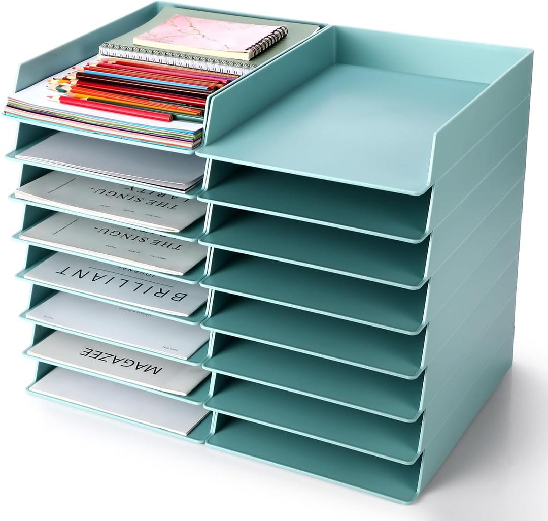 Tatuo 16 Pack Stackable Paper Trays Plastic Letter Tray Desk Organizer Paper Holder Organizer Storage Office Desk Accessories for Classroom Magazine File Documents 12.8" x 9.45" x 1.97", Blue Green
