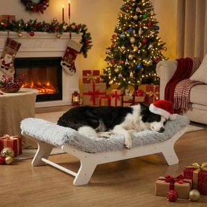 Muihood Elevated Dog Bed Wooden Frame and Mattress with Removable Washable Cover, Egg Crate Foam, Suitable for Pet Up to 50 lbs, White M