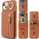 for iPhone 15 Plus Case with Card Holder for Women,for iPhone 15 Plus Phone Case Wallet with Strap Credit Card with Kickstand Zipper Case for Apple15plus - Brown