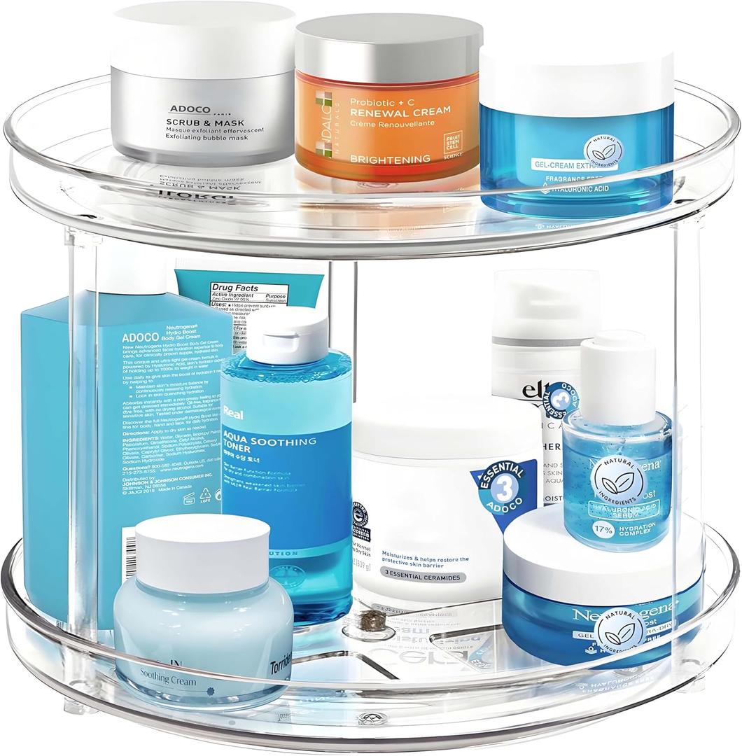 2 Tier Lazy Susan Bathroom Organizer, 9.25Inch Clear 360 Rotating Makeup Organizer for Vanity, Skincare Organizers Perfume Organizer, Spice Rack Organizer for Cabinet- Home Organization and Storage