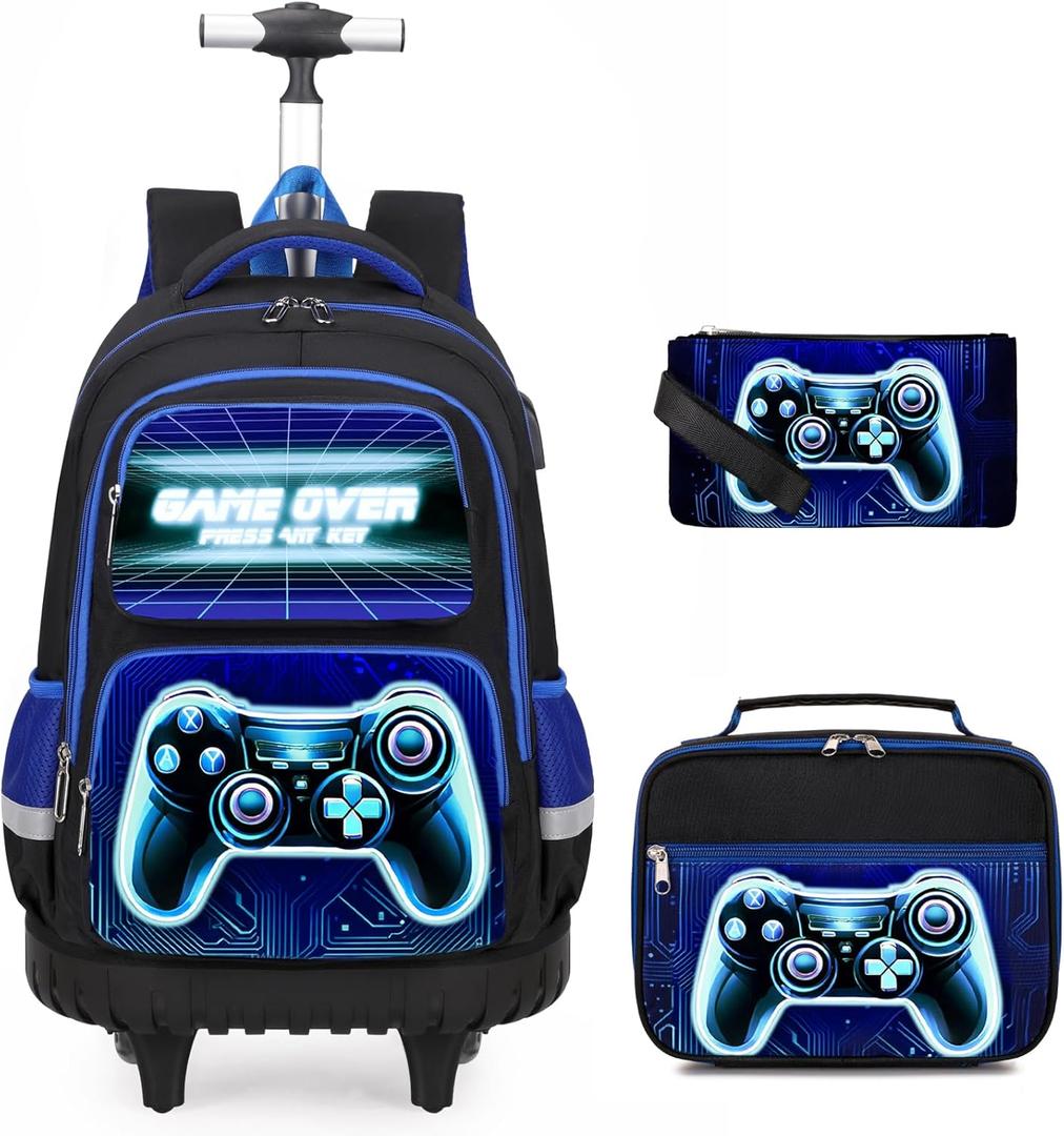 Bevalsa Rolling Backpack for Boys, 3PCS Gamer Roller School Backpacks with Lunch Box & Pen Case, Kids Bookbag Schoolbag with Wheels for Teen Boy Kindergarten Elementary Middle School