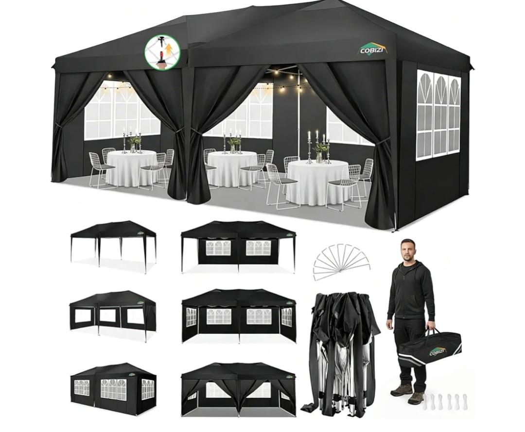 COBIZI 10x20 Pop Up Canopy Tent Commercial Instant Shelter with 6 Sidewalls, Durable Waterproof Portable Gazebo UPF 50+ for Outdoor Party, Wedding, Vendor Events (Black)