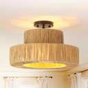 Boho Rattan Ceiling Light Fixtures, 15.7 Inch 3-Light Raffia Drum Semi Flush Mount Lights Hand Woven Coastal Ceiling Lighting for Bedroom Hallway Kitchen