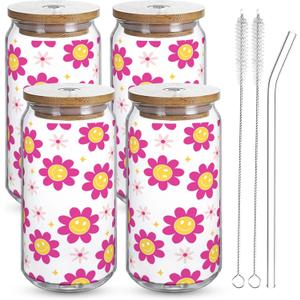 ZYLOSTORE glass cups with lids and straws,iced coffee cups with lids cups,smoothie cup, glass cups set,tumbler with lid and straw and lid, cute cups,gifts for christmas, jars with bambo lids
