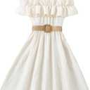 Floerns Girls Cold Shoulder Ruffle Trim Short Sleeve Belted A Line Midi Dress Apricot 11-12Y