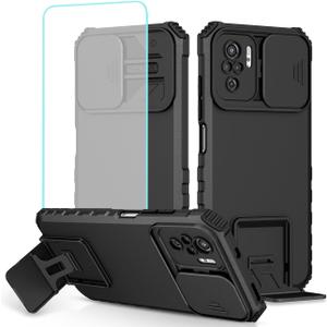 Case for Redmi Note 10/Redmi Note 10S/Poco M5S Case with Tempered Glass Screen Protector and Slide Camera Cover, Heavy Duty Kickstand Protective Phone Cover for Xiaomi Redmi Note 10S Black