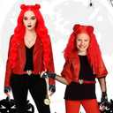 4 Pcs Red Halloween Women Costume Accessories Include Red Curly Wig Watch Belt Black Gloves for Girls Princess Cosplay Outfit