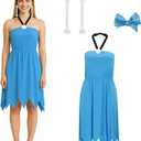 Women Costume Blue Dress Caveman Couple Halter Neck Gown Earrings Hair Bow Halloween Cosplay Outfit (X-Large)