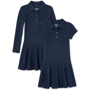 The Children's Place Girls' Short Long Sleeve Pique Polo Dress (Large, Tidal 2-pack)