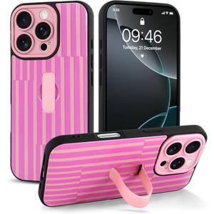 ZOEVEES Striped Phone Case for iPhone 16 Pro Max, with Finger Hand Strap Kickstand, Aesthetic Striped Cute Design for Women, Hybrid 2-Layer Hard Shell Phone Cover, Red