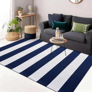 OLANLY Navy and White Striped Rug 3' x 5' Washable Cotton Indoor Outdoor Doormat for Front Door, Entryway, Kitchen, Porch, Patio Decor