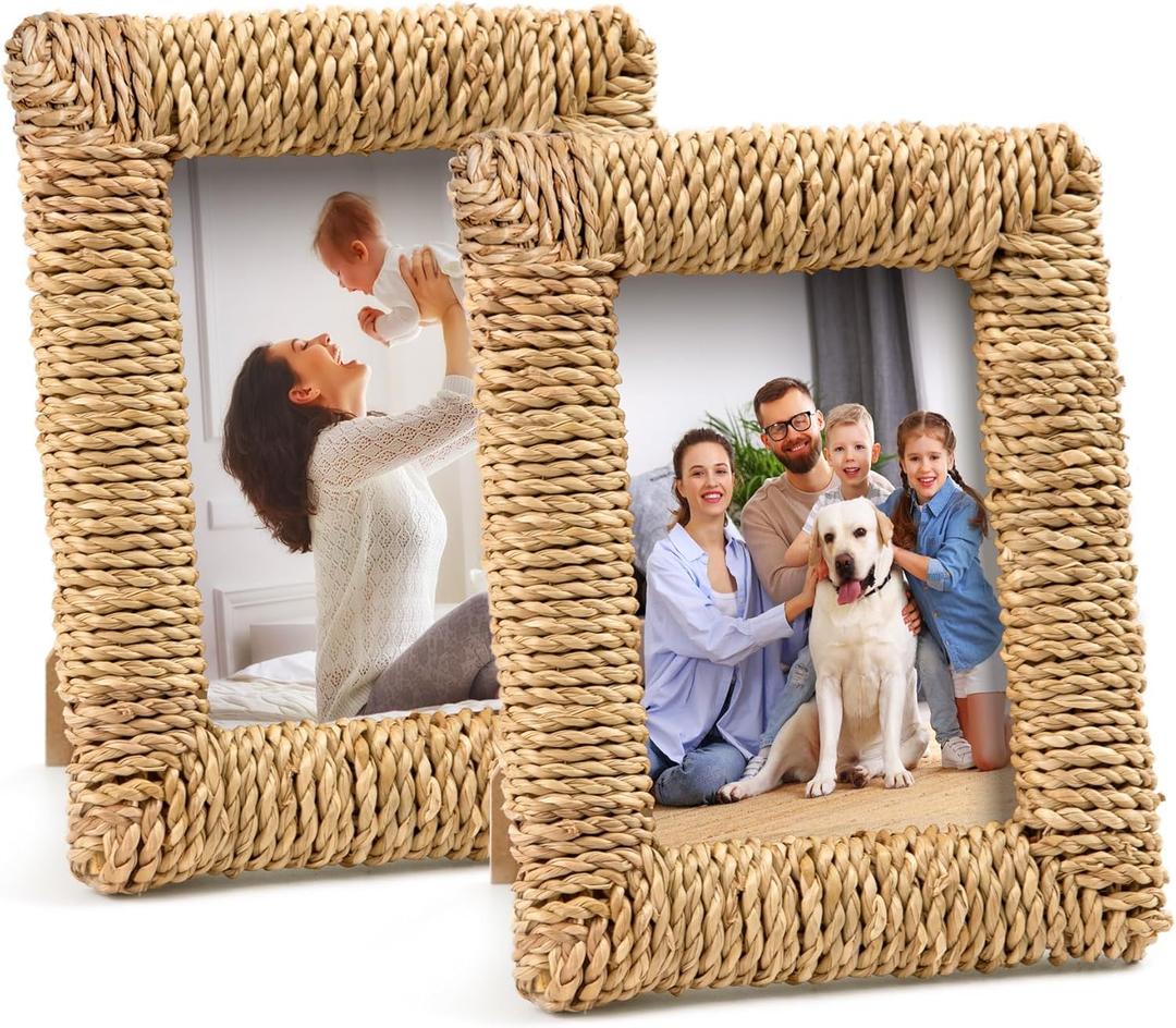 2 Pcs Rattan Picture Frame, 4x6 Boho Photo Frame Handmade Farmhouse Wicker Picture Frame Set for Wall and Tabletop Display (Natural, 4X6+4X6)