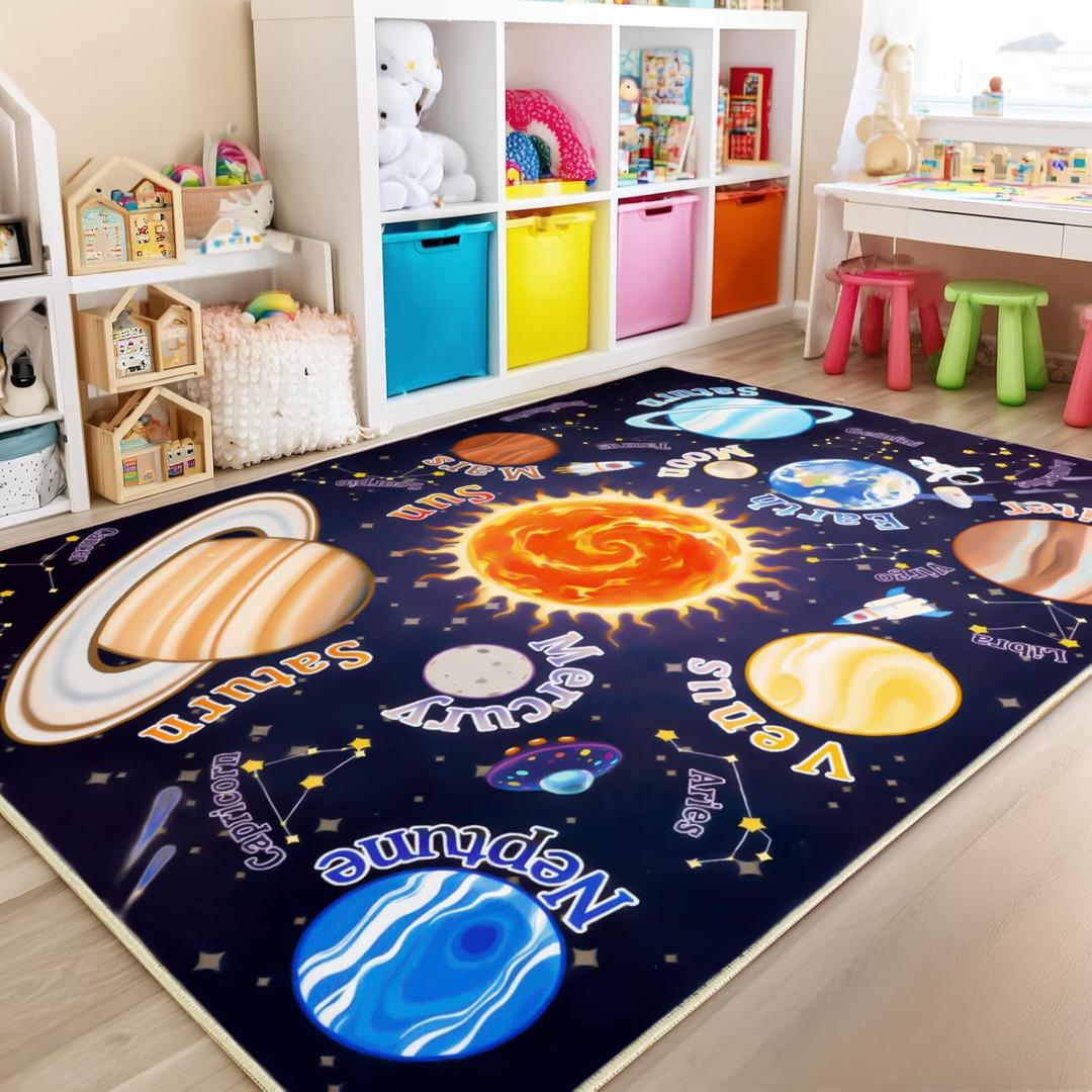 Kids Rugs for Playroom Educational Rug for Learn The ABC Alphabet, Soft Machine Washable Non-Slip Cute Carpet for Classroom Toddler Nursery Kids Room Decor Mat (7x9, Outer Space)