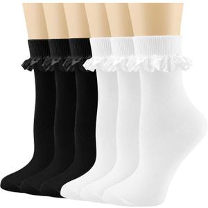 BIVOLU Womens Crew Socks Lace Ruffle Frilly Cotton Cute Princess Ankle Dress Socks for Girl 6 Pack