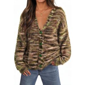 MEROKEETY Women's Fall Fuzzy Colorful Knit Cardigan Sweaters Winter Button Down Boho Casual Long Sleeve Outerwear Top (XL)