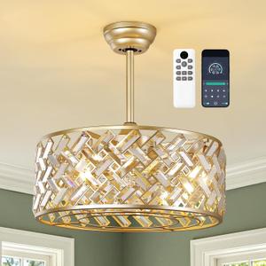 Crystal Caged Ceiling Fan Light: 20'' Gold Fandelier Ceiling Fan Light Modern with APP Control/Remote/6 Speed/Timer Semi Flush Mount Chandelier for Bedroom Living Dining Room Kitchen Nursery, E12 Base