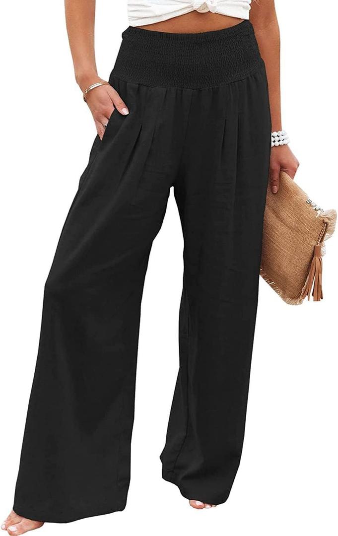 Women Palazzo Pants for Women Summer Boho Wide Leg High Waist Casual Lounge Pant 2025 Beach Travel Vacation Outfits (Medium, Black)