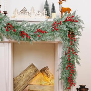 Dolicer 6FT Christmas Pine Cedar Garland with Red Berries, Lush Winter Greenery with Lights for Mantel Home Fireplace Holiday Decorations