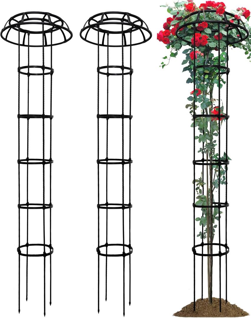 2 Pack Umbrella Top Trellis for Climbing Plants, 76 Inch Tall Adjustable Plant Support for Outdoor Indoor Garden, Sturdy Metal Core with Plastic Coating, Black