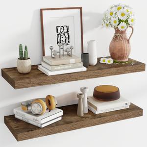 36 Inch Floating Shelves, 12 Inch Deep Floating Shelves for Wall, Floating Shelf with Invisible Brackets, Deep Shelves for Bathroom, Bedroom, Living Room, 2 Pack, Brown