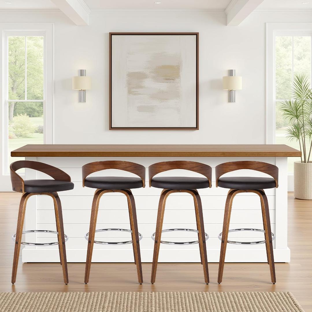 Armen Living Sonia 30" Bar Height Swivel Brown Faux Leather and Walnut Wood Bar Stool - Set of 2, 30" Seat Height