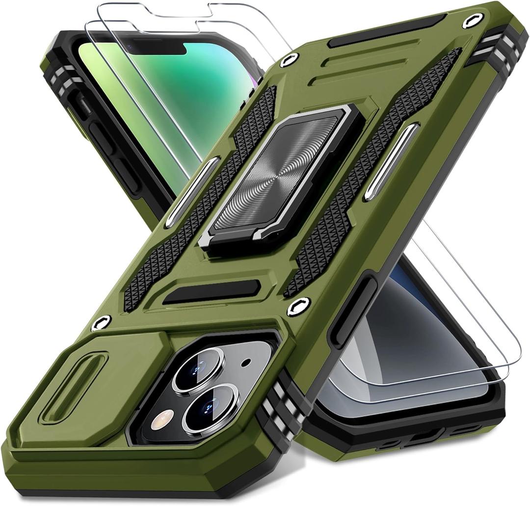 DEERLAMN Case for iPhone 13/iPhone 14 6.1-Inch with Slide Camera Cover+Screen Protector(2 Packs),Rotated Ring Kickstand Military Grade Shockproof Protective Cover-Olive Green