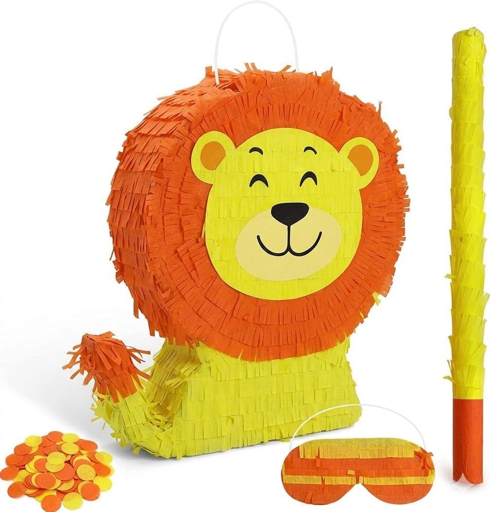 FORENEE Lion Pinata Party Set - Jungle Safari Birthday Decorations | Complete with Stick, Blindfold & Confetti | King of the Jungle Pinata for Kids | Wild Animal Theme Party Supplies & Games